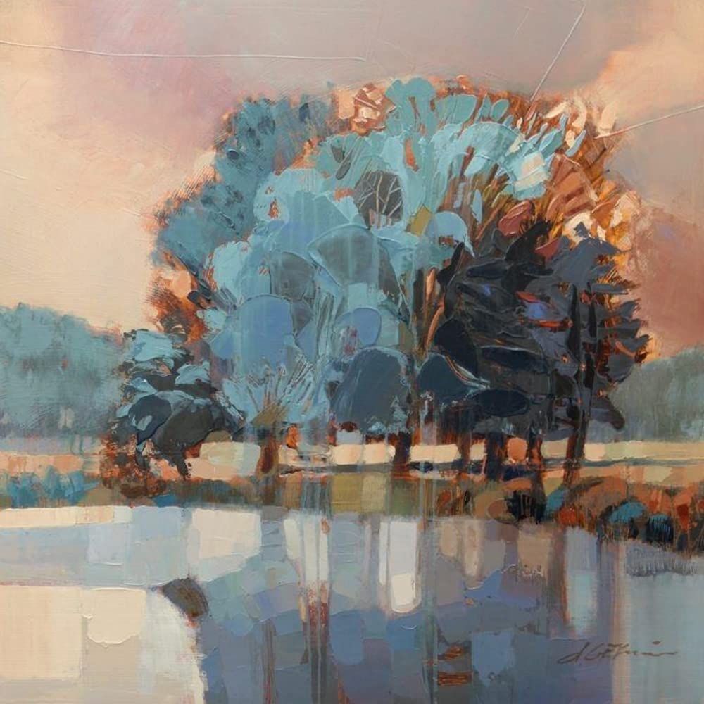 Handmade Canvas Acrylic Framed Painting Trees Near Pond, 2 x 3 Feet, Set of 1