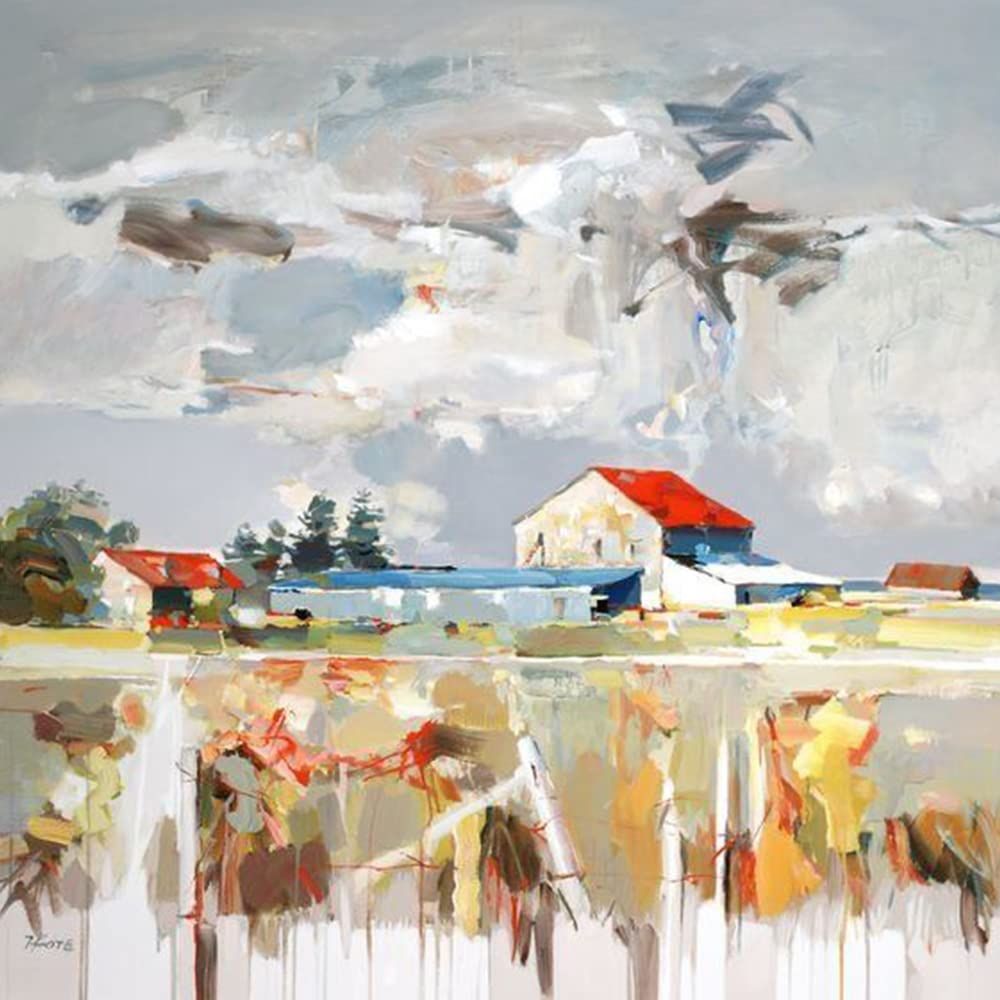 The Original Handmade Canvas Acrylic Framed Painting Village & Lake, 2 x 2 Feet, Set of 1
