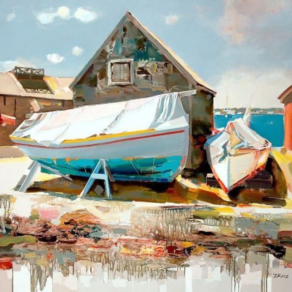 Handmade Canvas Acrylic Framed Painting Sea Port, 2 x 3 Feet, Set of 1