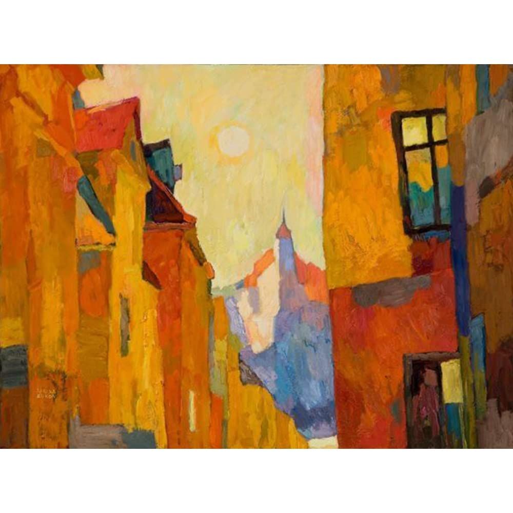 Handmade Canvas Acrylic Framed Painting Colorful Buildings, 2 x 2 Feet, Set of 1