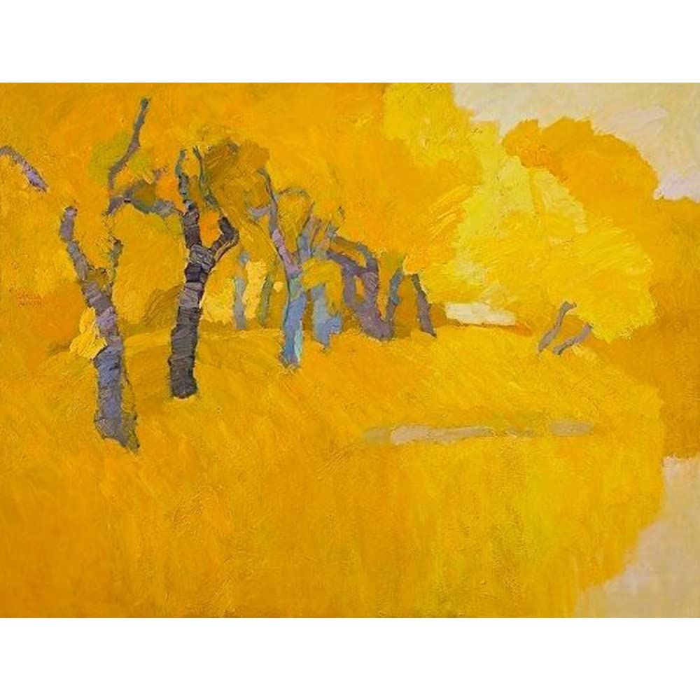 Handmade Canvas Acrylic Framed Painting Golden Trees, 2.6 x 1.6 Feet, Set of 1