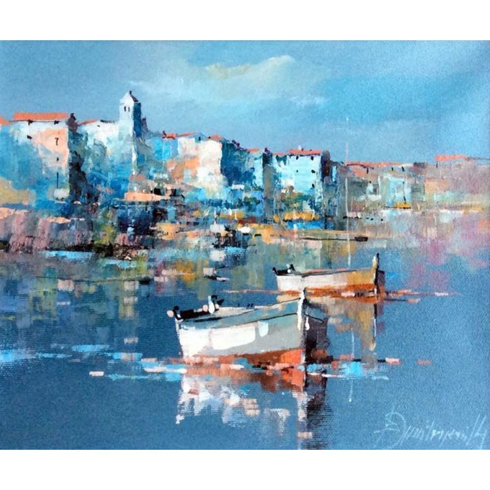 Handmade Canvas Acrylic Framed Painting City Near Lake with Boats, 2 x 3 Feet, Set of 1