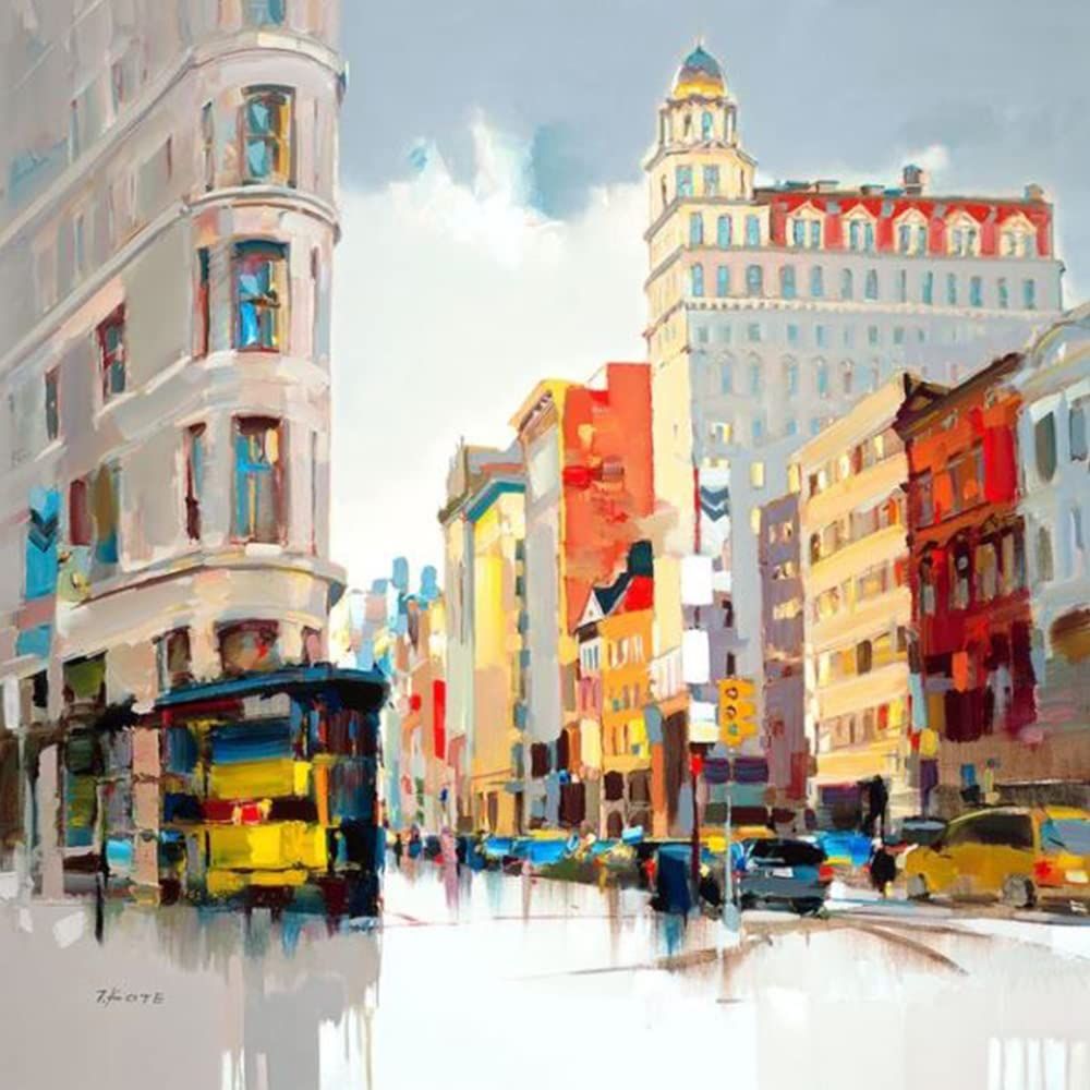 Handmade Canvas Acrylic Framed Painting Metro City Towers, 2 x 3 Feet, Set of 1