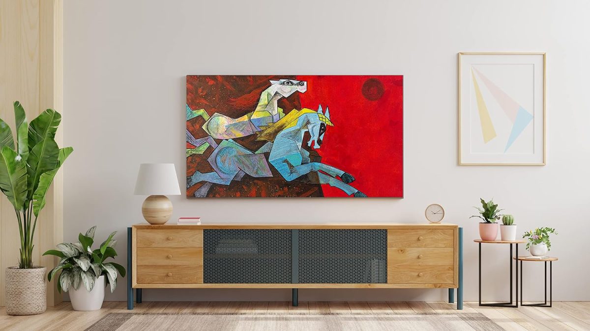 Acrylic Two Colorful Horse Painting on Canvas Framed 3 x 2 Feet