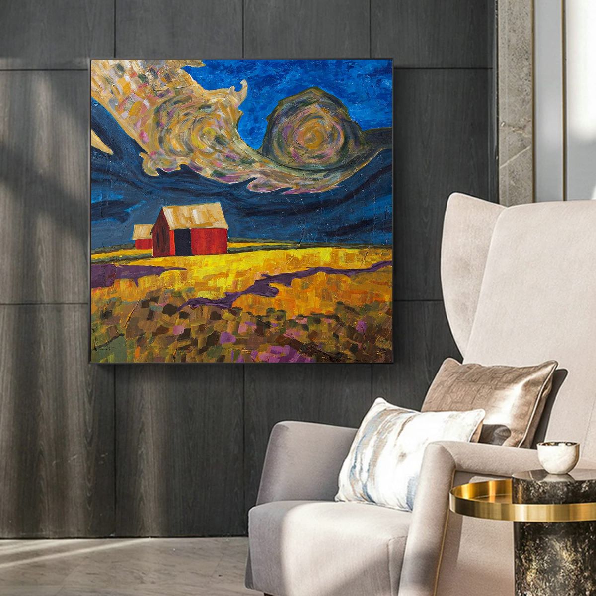 The Original Handmade Canvas Acrylic Framed Painting, 2 x 2 Feet Disaster in Village, Set of 1