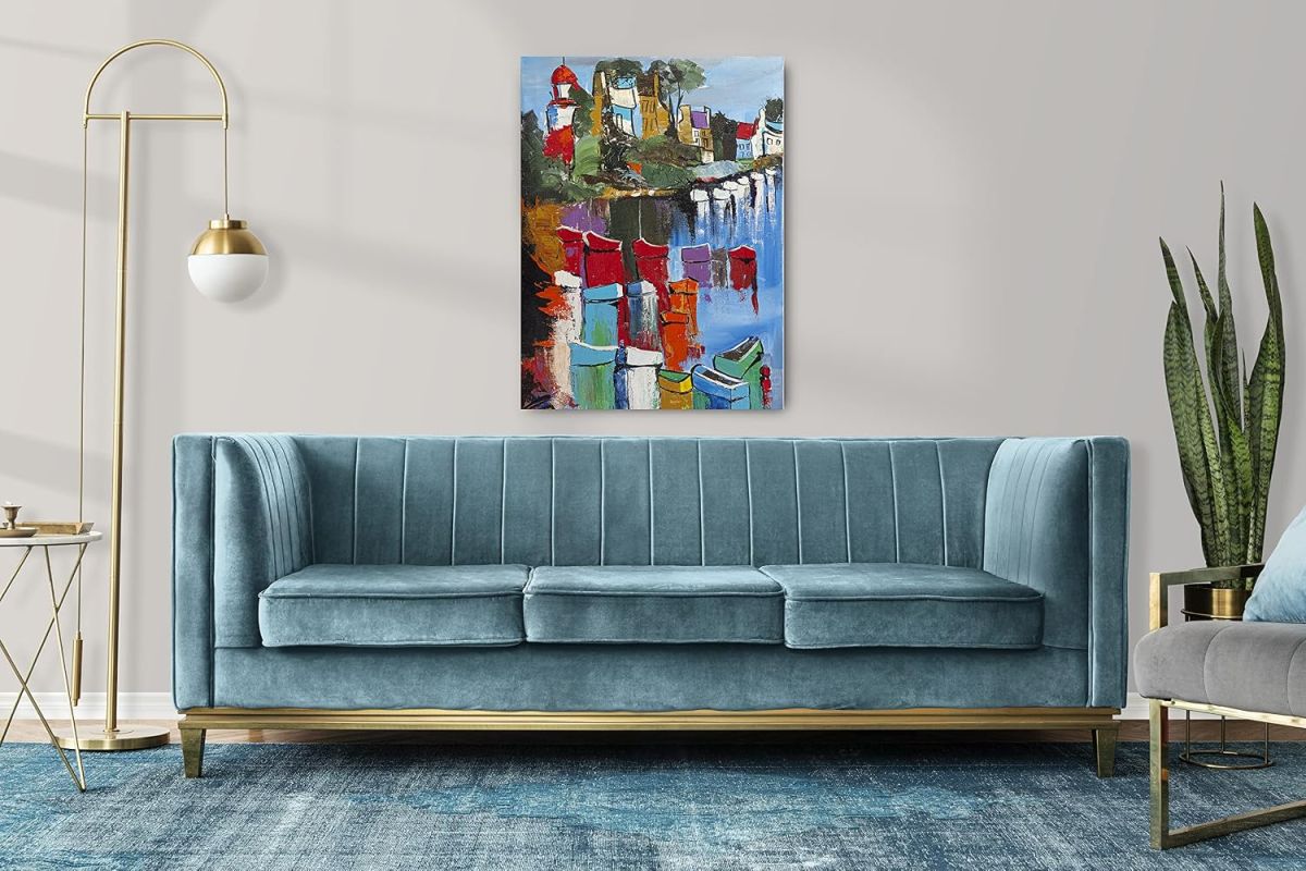Handmade Canvas Acrylic Framed Painting Portrait Paintings The River Bank, 2 x 3.5 Feet, Set of 1