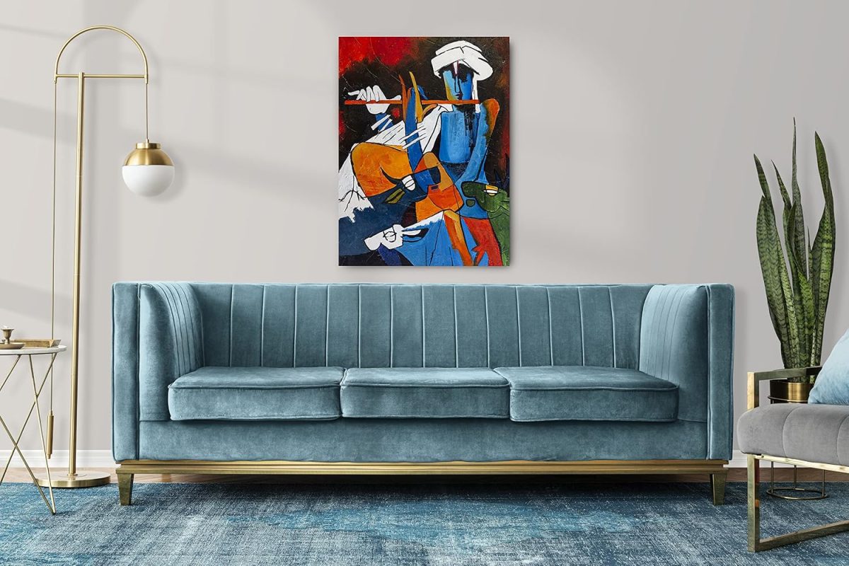 Handmade Canvas Acrylic Framed Painting Portrait Paintings A Blue Boy Playing Flute, 2 x 3 Feet, Set of 1