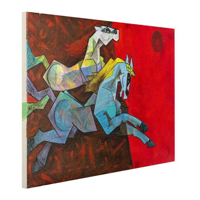 Acrylic Two Colorful Horse Painting on Canvas Framed 3 x 2 Feet - Image 5