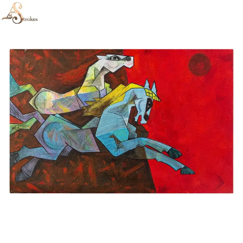 Acrylic Two Colorful Horse Painting on Canvas