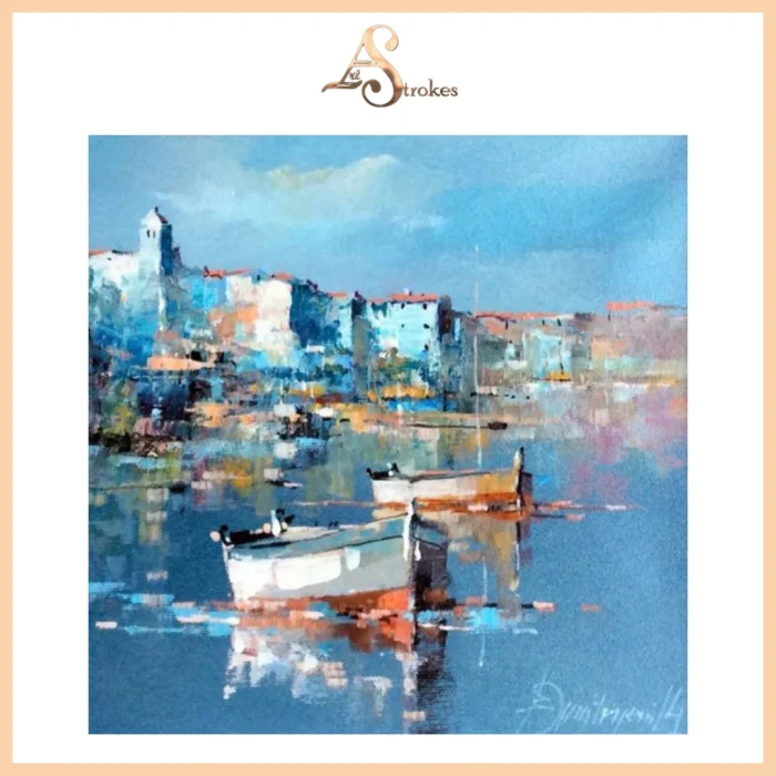 City Near Lake with Boats Canvas Wall Art Painting