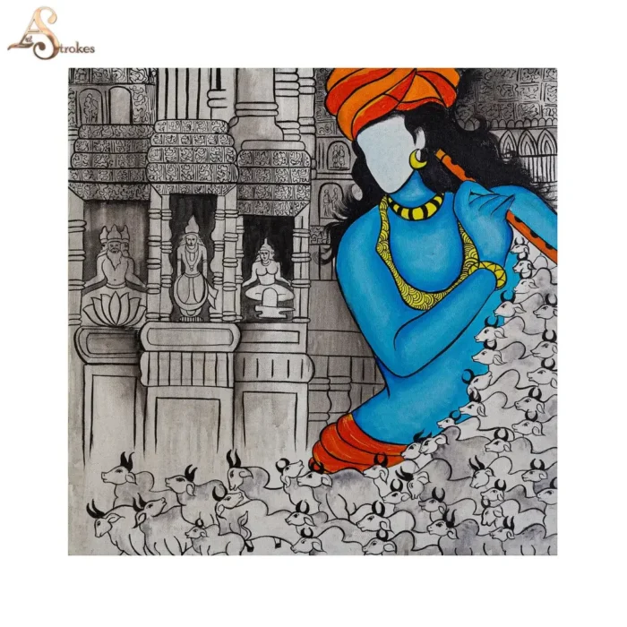 Hand Painted Acrylic Canvas Painting of Lord Krishna Herding Cows