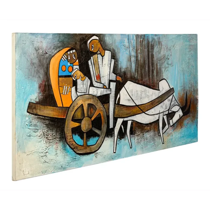 Couple on Bullock Cart Canvas Art Painting For Sale 4 x 2 Feet - Image 3