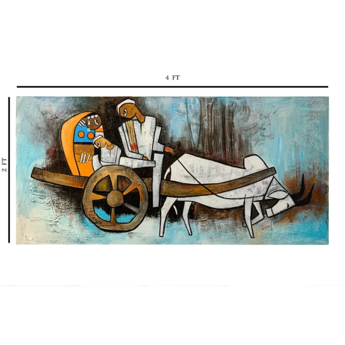 Couple on Bullock Cart Canvas Art Painting For Sale 4 x 2 Feet - Image 4