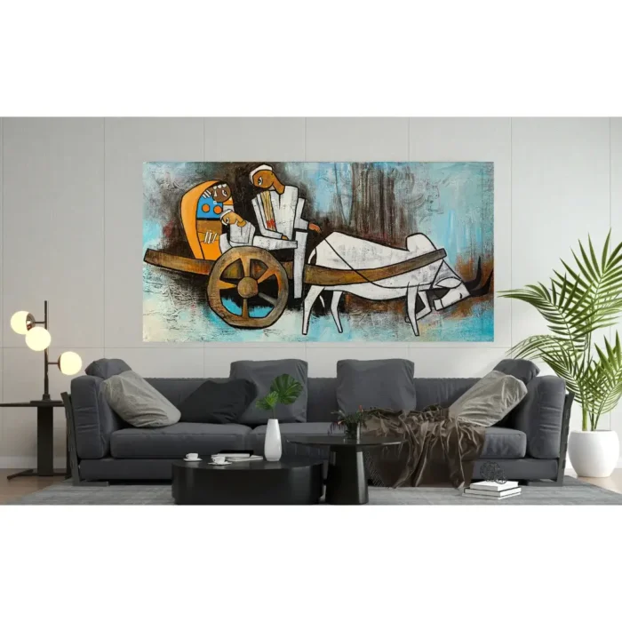 Couple on Bullock Cart Canvas Art Painting For Sale 4 x 2 Feet - Image 5