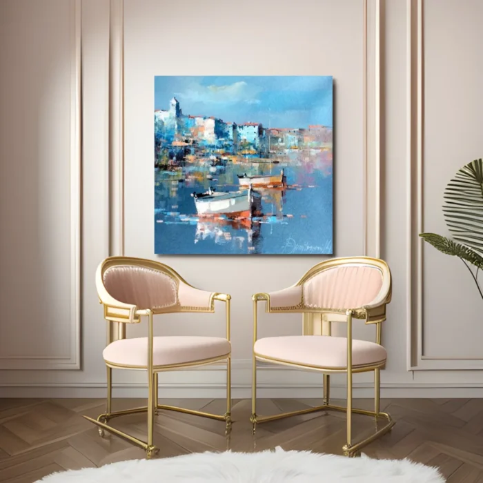 City Near Lake with Boats Canvas Wall Art Painting 2 x 2 Feet - Image 2