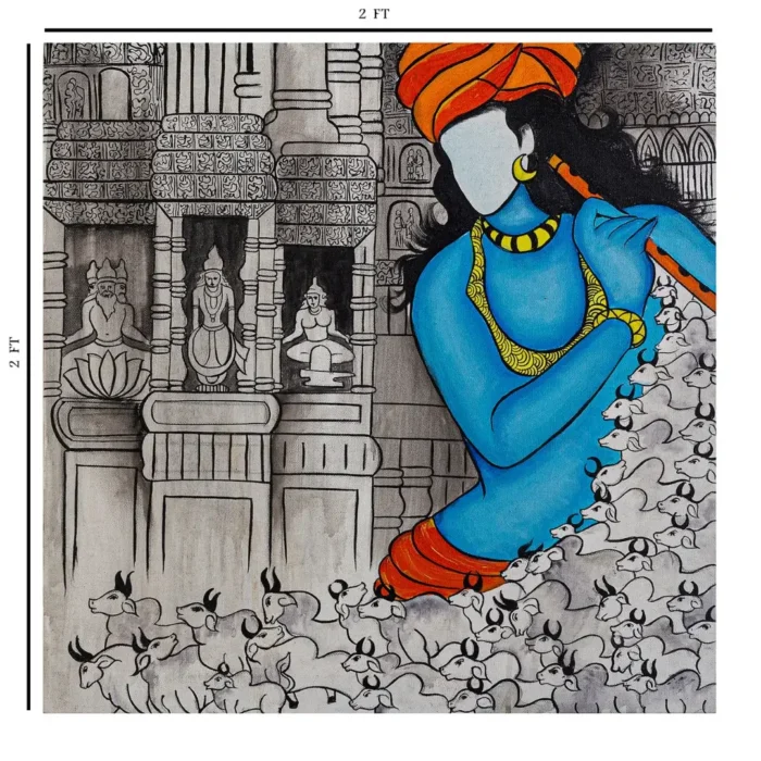 Hand Painted Acrylic Canvas Painting of Lord Krishna Herding Cows 2 x 2 Feet - Image 4