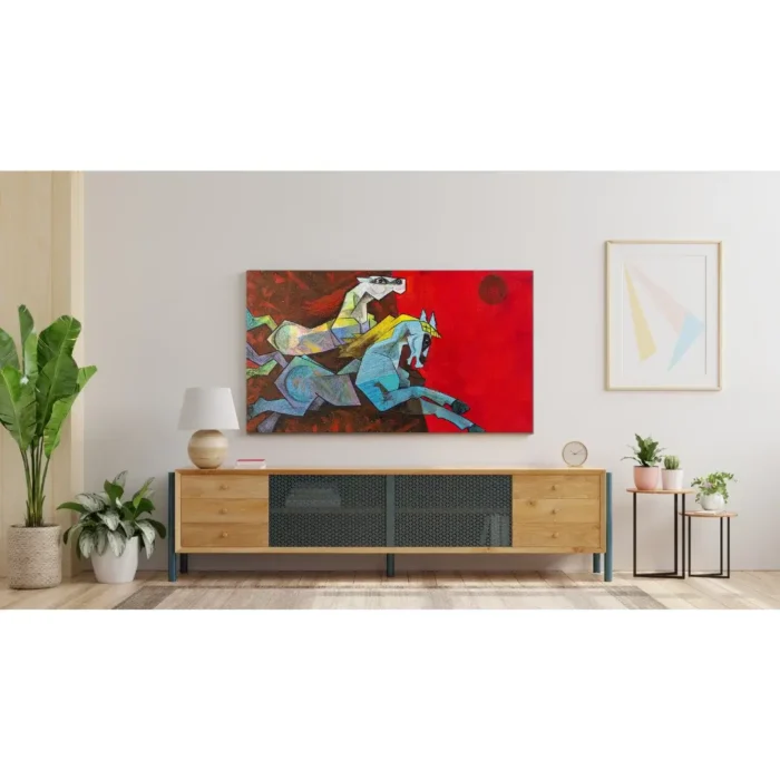 Acrylic Two Colorful Horse Painting on Canvas Framed 3 x 2 Feet - Image 3