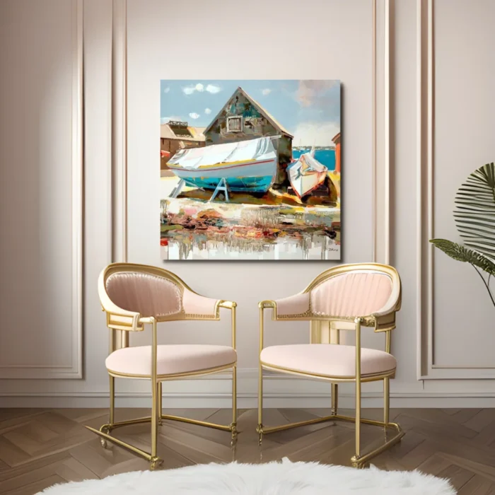 Canvas Acrylic Framed Painting of Seaport 2 x 2 Feet - Image 2