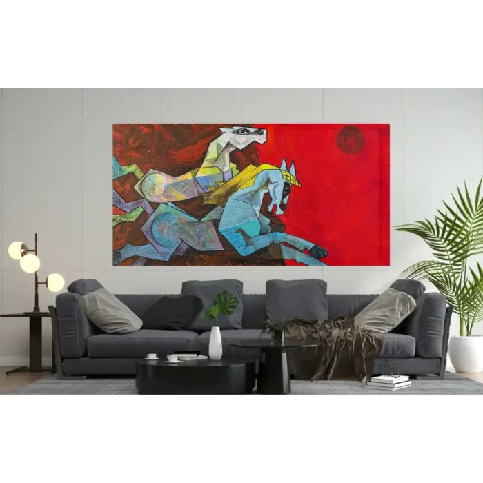 Acrylic Two Colorful Horse Painting on Canvas Framed 3 x 2 Feet - Image 2