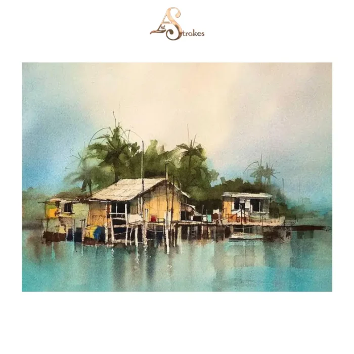 Village on Stilts Water Color Painting For Sale